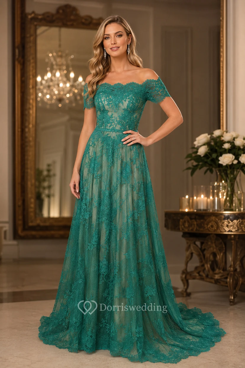 Scalloped Off-the-shoulder A-line Lace Long Dress With Short Sleeve