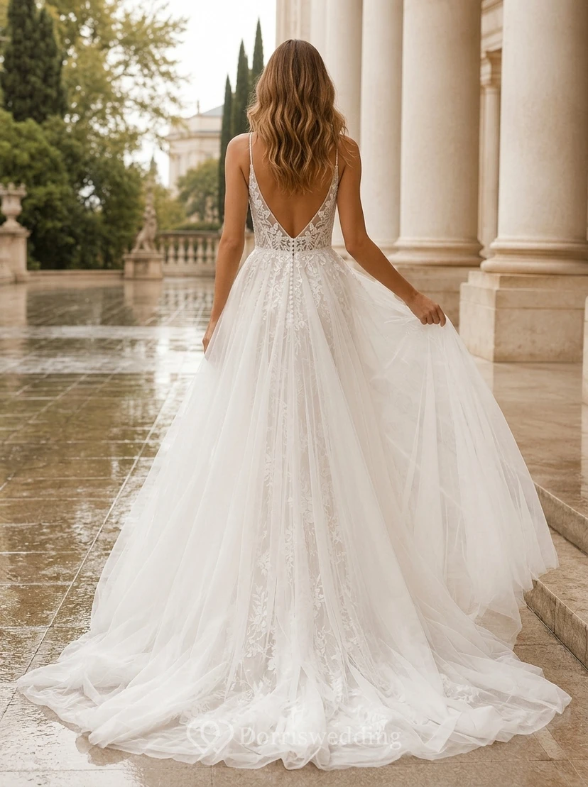 V-Neck Lace A-Line Wedding Dress with Tulle Overskirt Train view 2