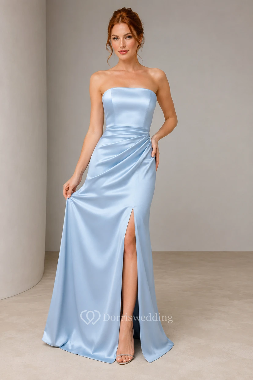 Evening Gown Sky Blue Satin Sheath Strapless with Slit Floor Length