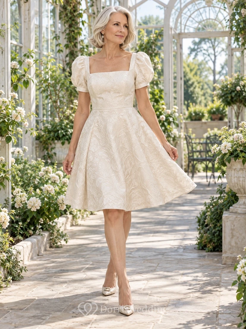 Modest Square Neck Knee Length Wedding A-Line Floral Dress for Older Brides with Puff Sleeves