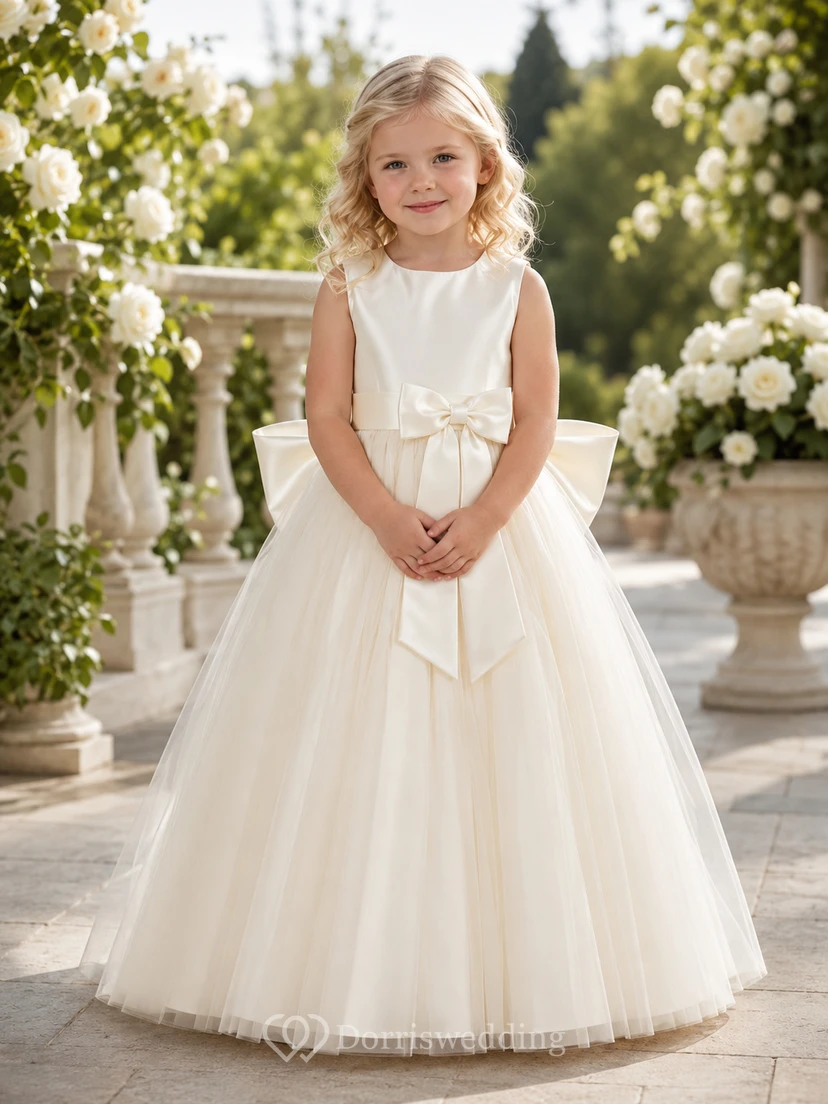 Tüllkleid mit übergroßer Schleife am Rücken, A-Linien-Schnitt aus Satin für Blumenmädchen, Rundhalsausschnitt und bodenlangem Rock