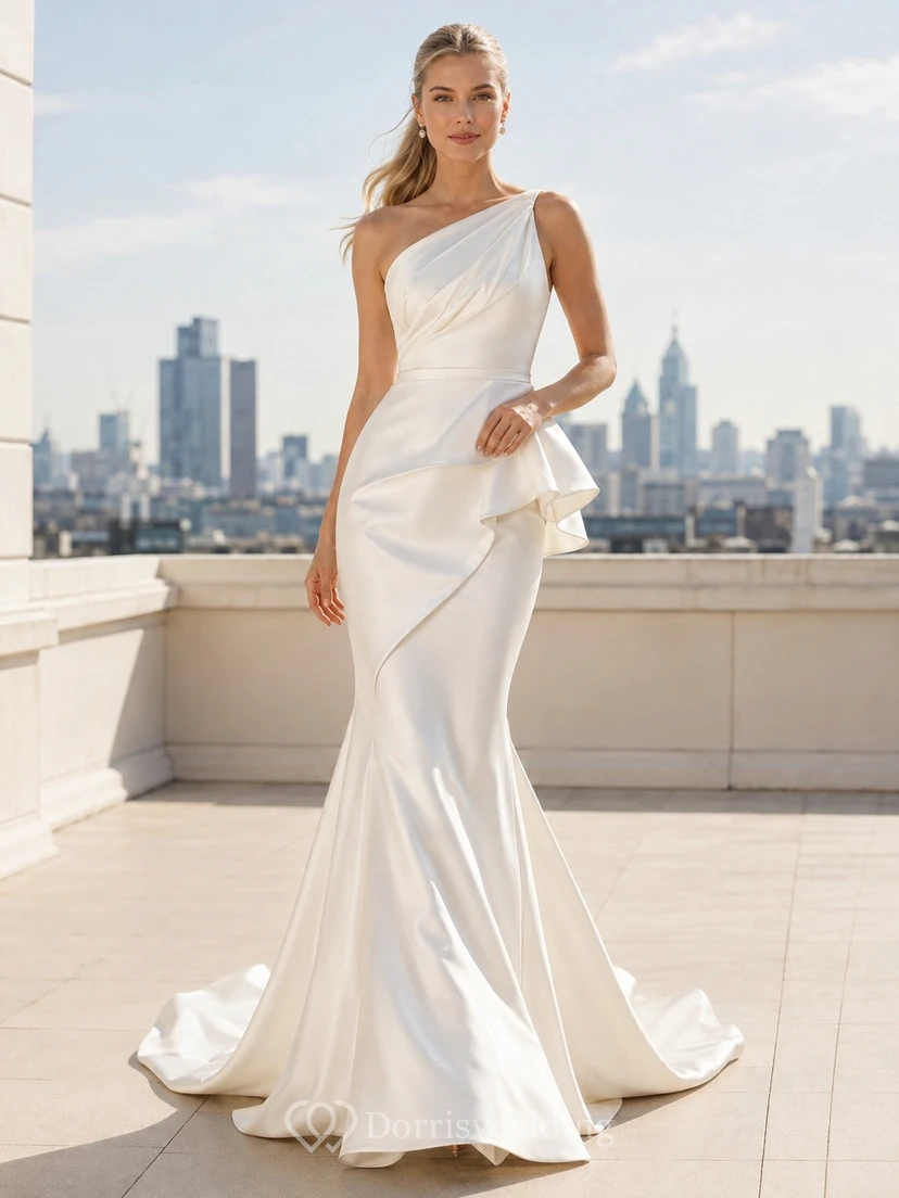 Mermaid Square Modern Neck Satin Bridal Refined Wedding Dress