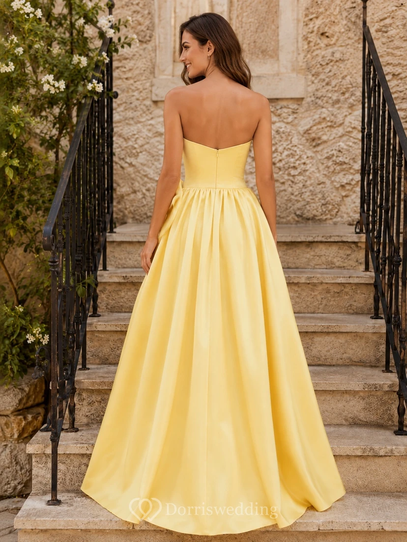 Daffodil Strapless Sweetheart Satin Rose Detail Split A-Line Evening Gown view 2