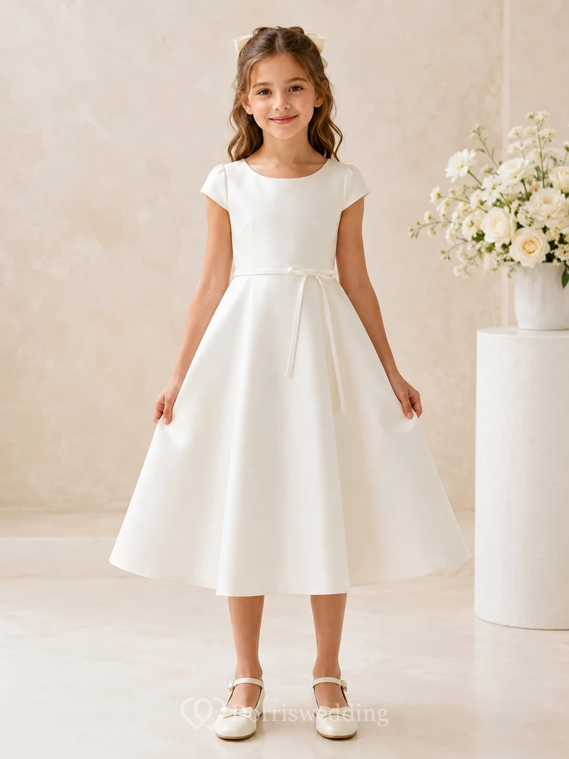 Vestido sencillo de corte A para niña de las flores con cuello joya y mangas cortas, de satén blanco, para ceremonia limpia.