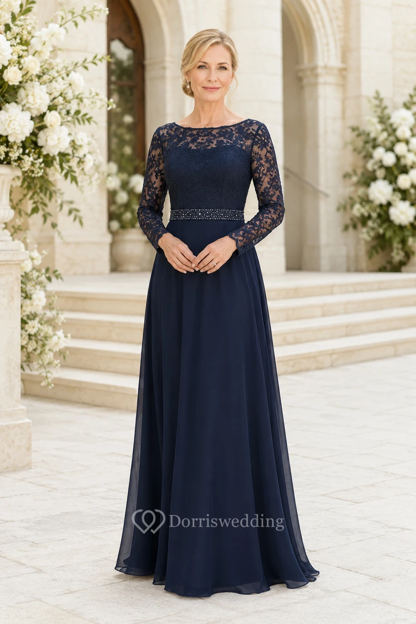 Dark Navy Lace Bodice Chiffon A-Line Mother Dress and Long Sleeves