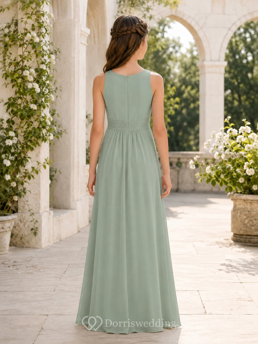 Celadonfarbenes Junior-Brautjungfernkleid, Etuikleid mit V-Ausschnitt, ärmellos, gerafftes Oberteil view 2