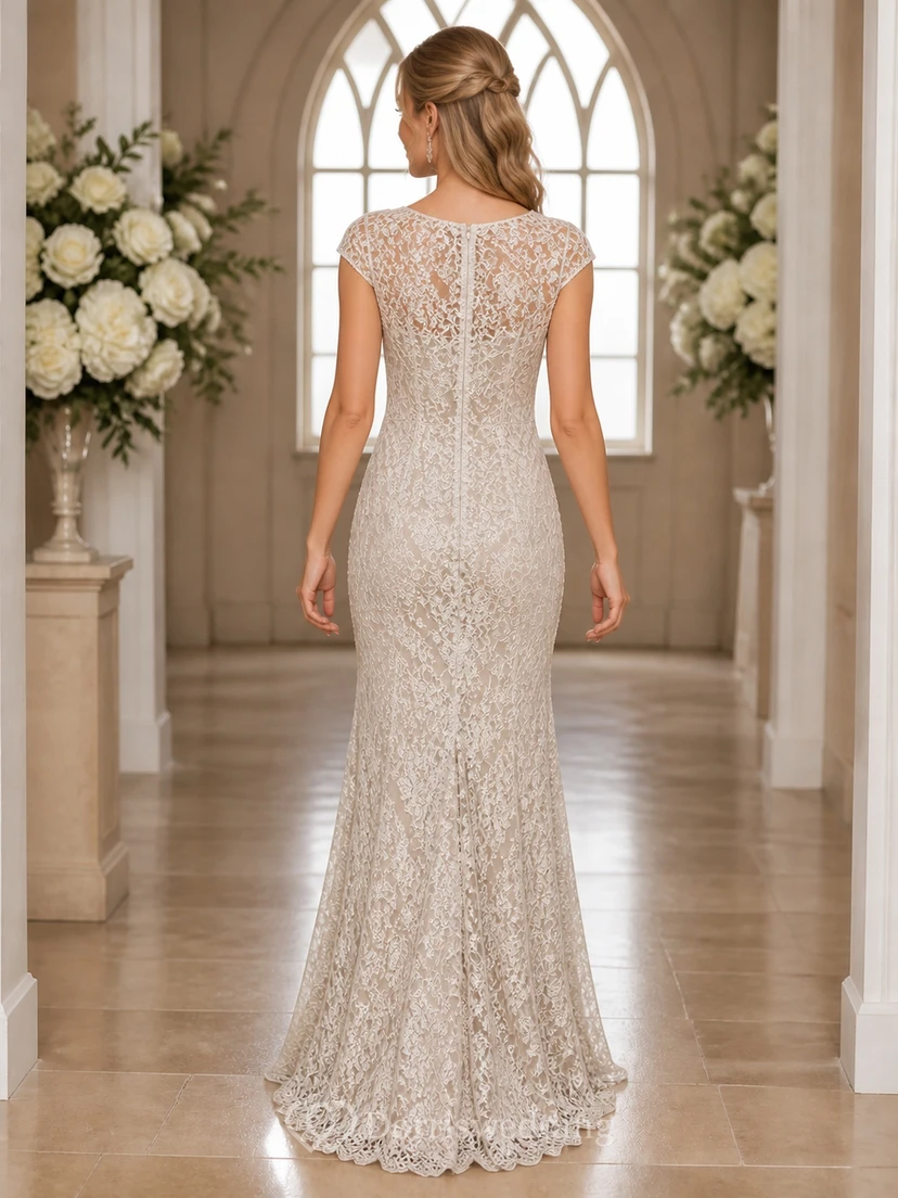 Vestido de novia modesto de corte recto con cuello alto y encaje hasta el suelo view 2