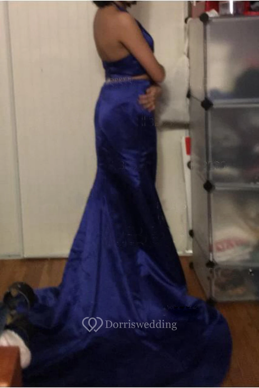 Mermaid Trumpet Two Piece Satin Halter Sleeveless Zipper Dress view 2