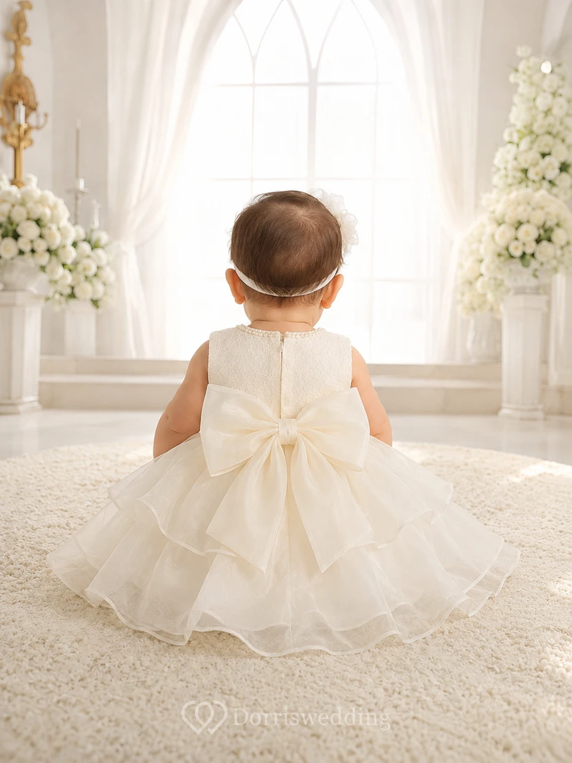 Pearl Baptism Dress A-Line Tulle Lace Jewel Neck Sleeveless Bow Back view 2