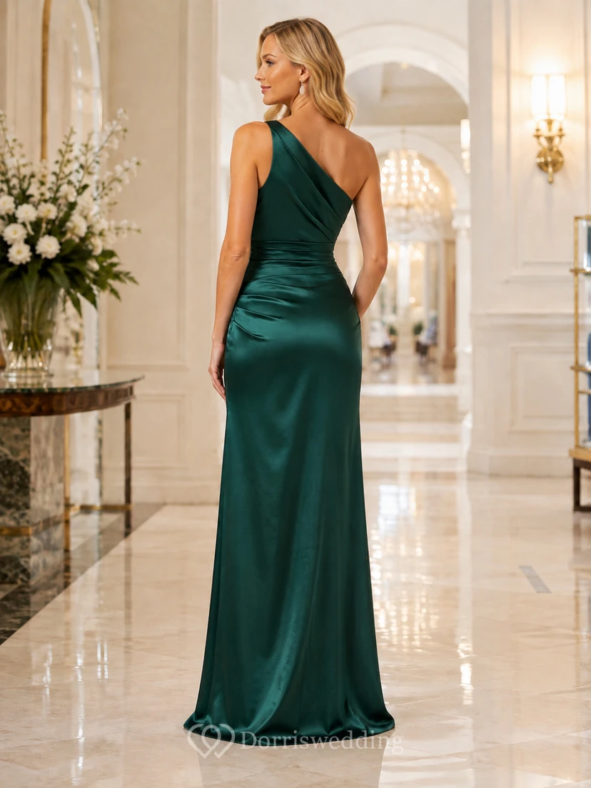 Elegante vestido de noche largo hasta el suelo, asimétrico, de satén fruncido, sin mangas y con abertura, color verde oscuro. view 2