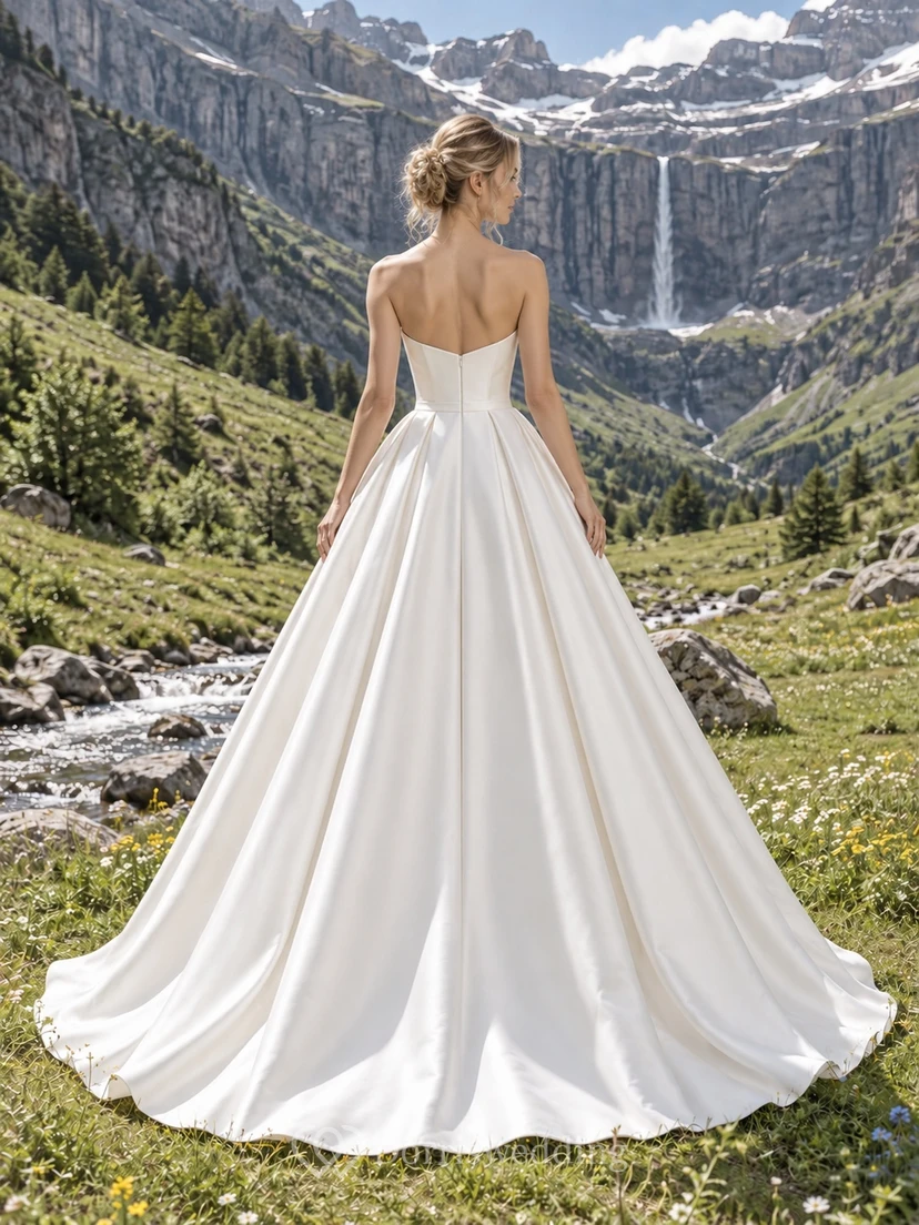 Schlichtes, ärmelloses Ballkleid mit Herzausschnitt und Schleppe aus Duchess-Satin view 2