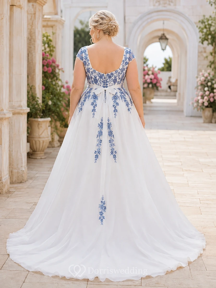 Königsblaues, luftiges Chiffon-Brautkleid im Boho-Stil in Übergröße mit A-Linie, Rundhalsausschnitt und kurzen Ärmeln view 2