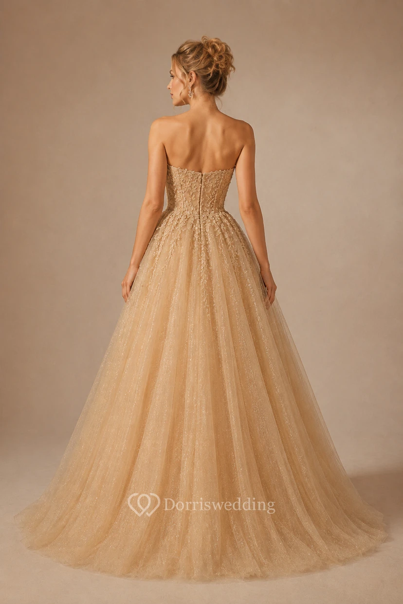 Champagne Strapless Glitter Tulle A-Line Prom Gown with Corset Bodice view 2