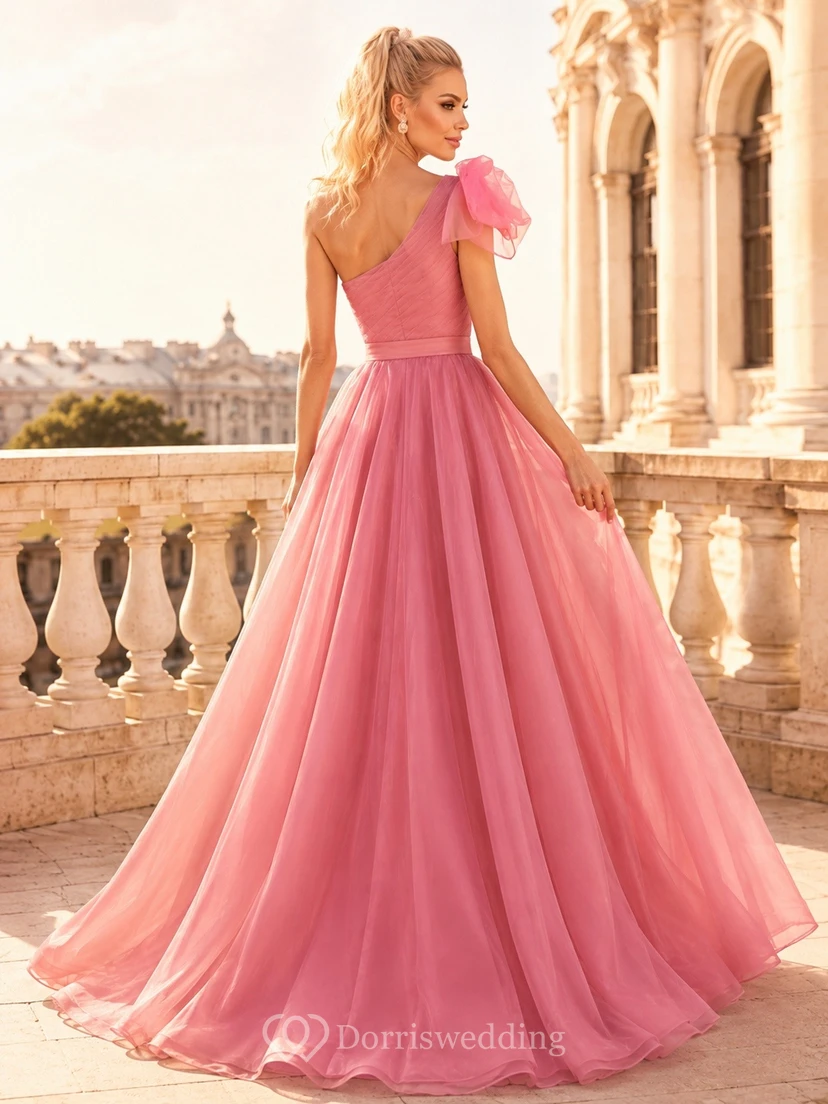 Rose Pink Satin Short Sleeve A-Line Evening Gown view 2