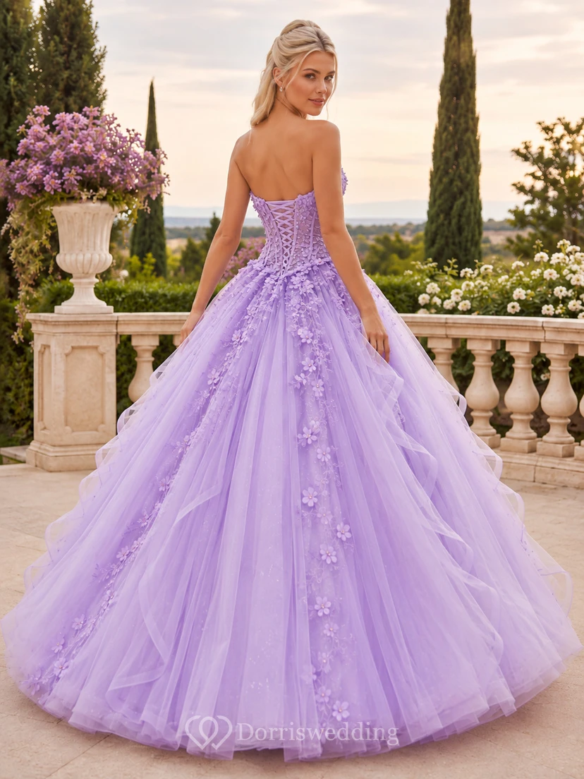Robe de bal de princesse lilas luxueuse, bustier cœur, taille basse, à fleurs superposées, pour les 16 ans view 2