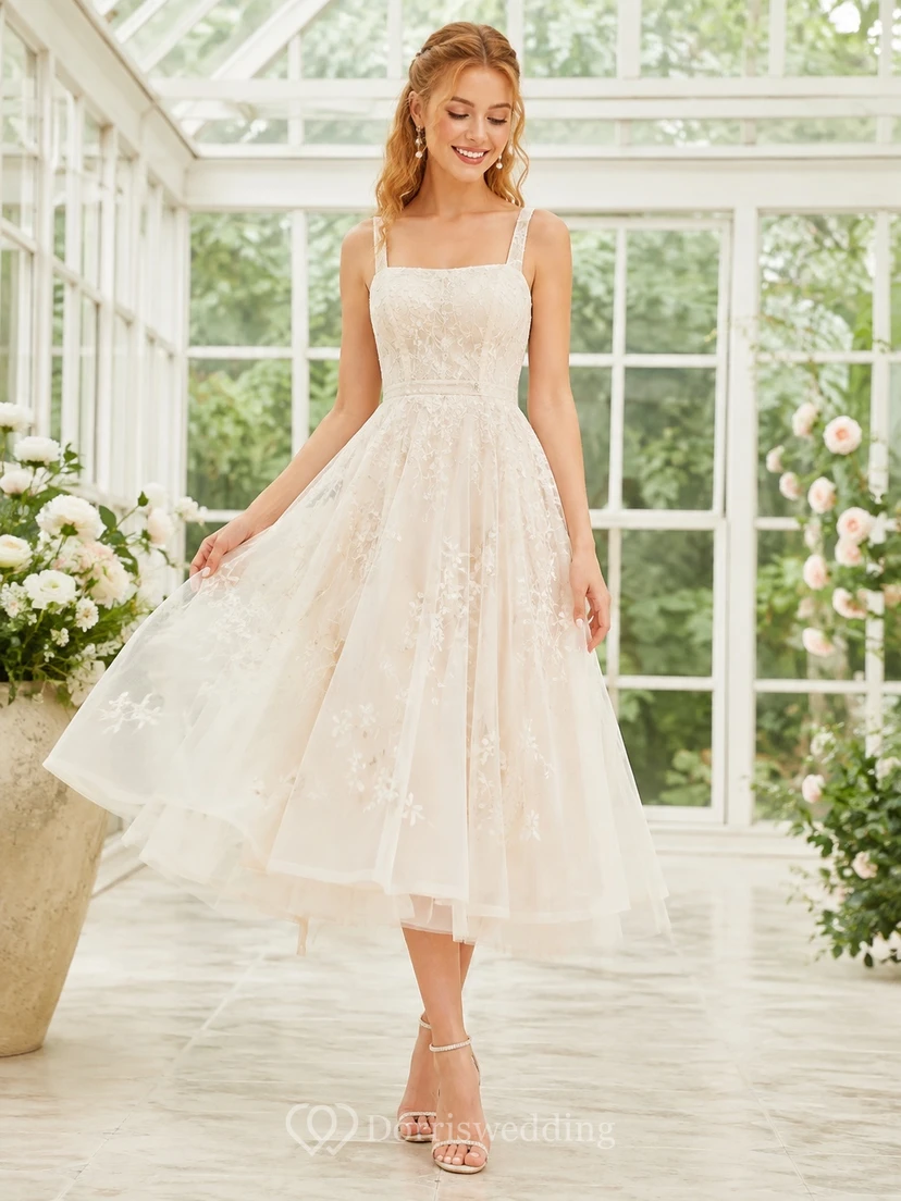 Romantic Square Neck Spaghetti Lace A-Line Tea-Length Garden Elopement Wedding Dress