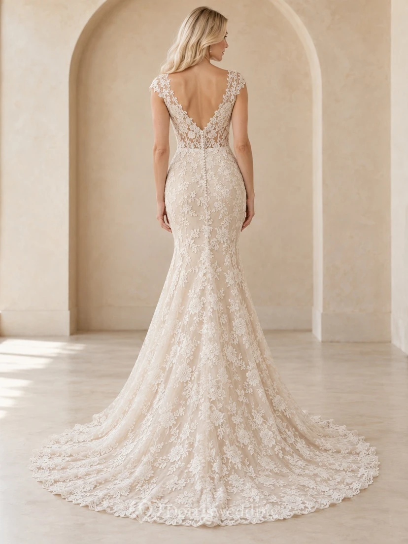 Robe de mariée sirène champagne à col V, bretelles fleuries et traîne en dentelle cordée view 2