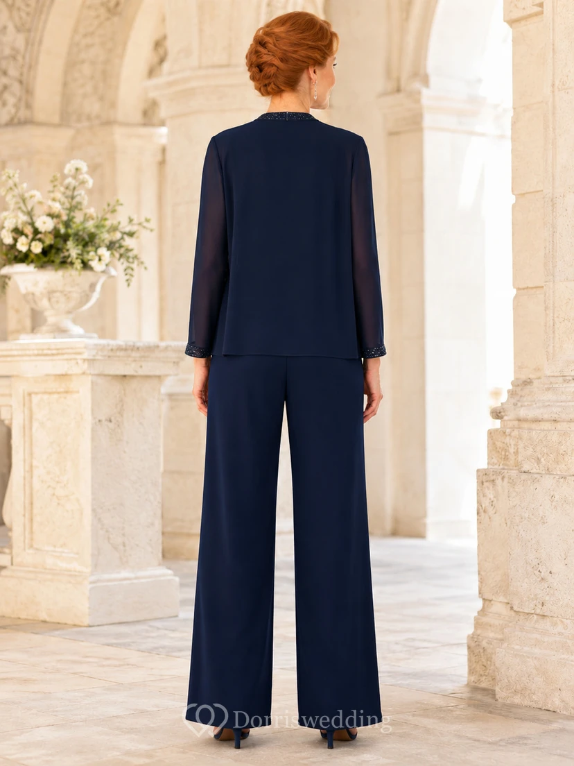 Mother Dark Navy Chiffon Pantsuit with Scoop Neck Sheer Sleeve Jacket and Wide Leg Pants view 2
