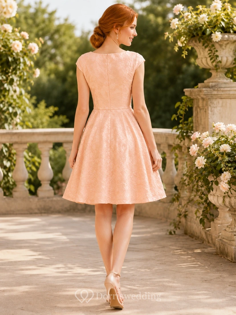 Robe de soirée trapèze texturée pêche avec fleurs tissées et taille naturelle view 2