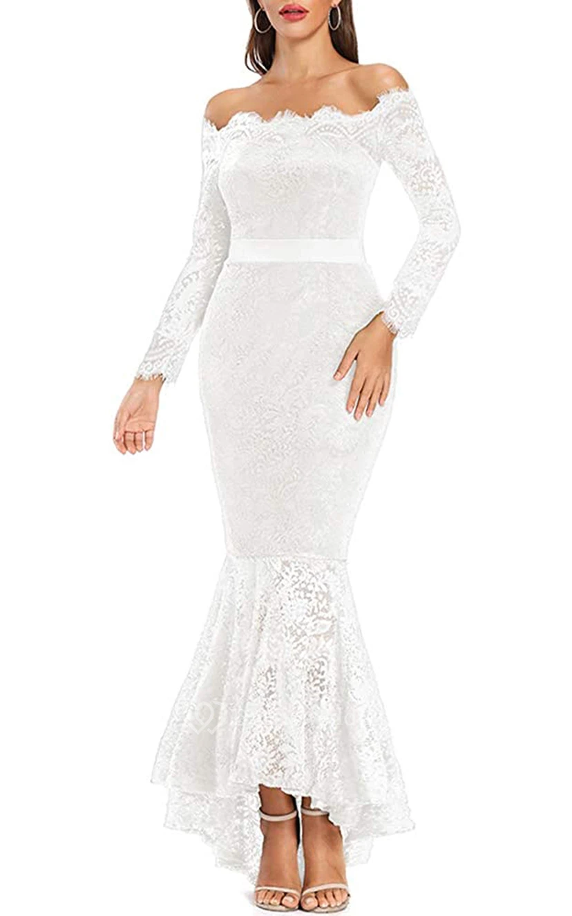 Robe de bal sirène vintage en dentelle à manches longues et épaules dénudées avec ceinture. view 9