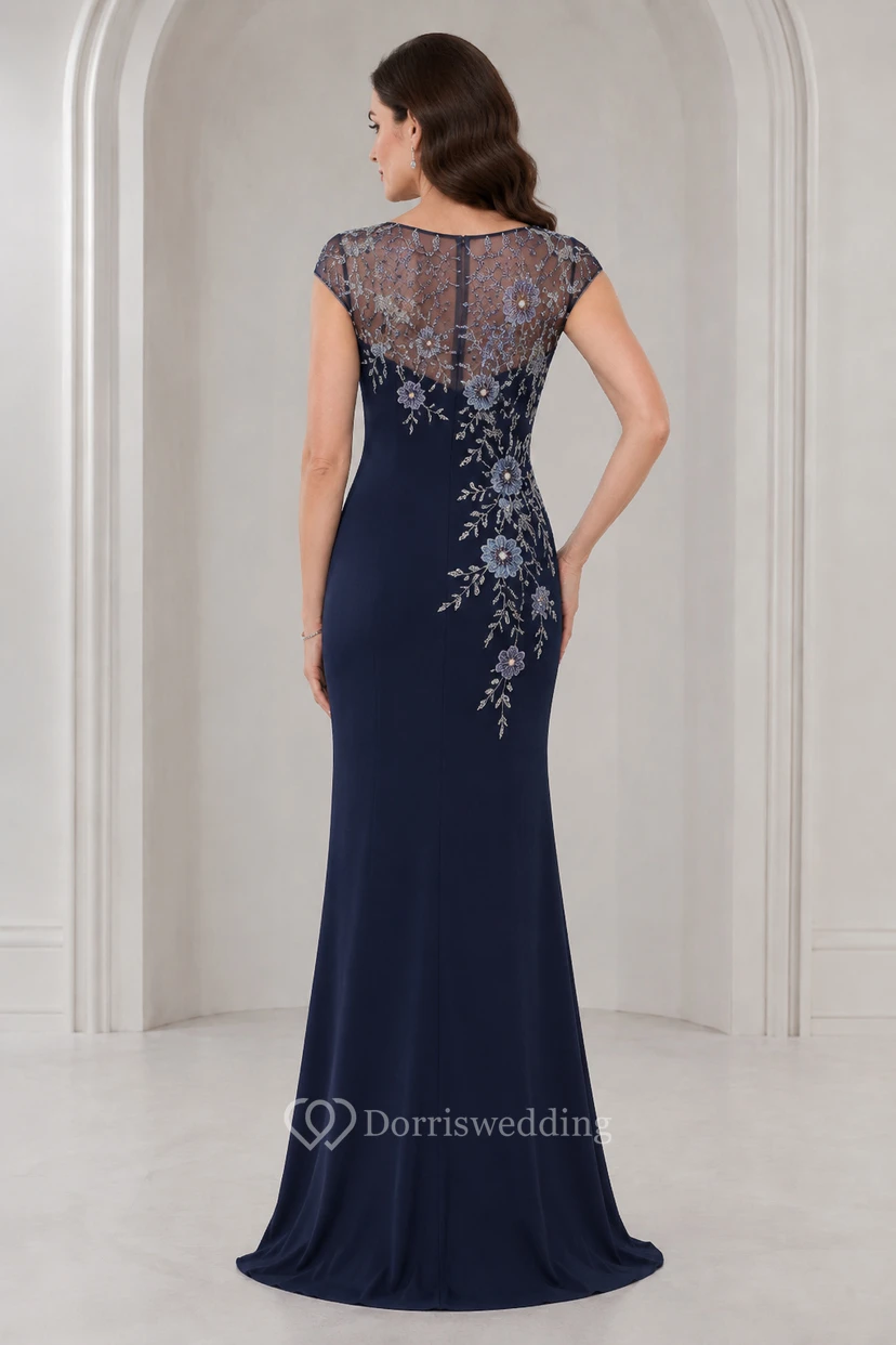Dark Navy Illusion Cap Sleeve Sheath Mother Dress with Silver Floral Applique view 2