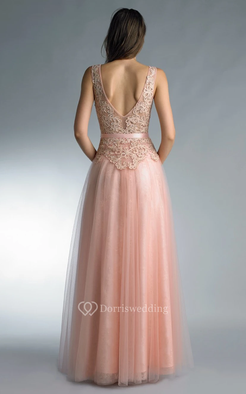 A-line Floor-length V-neck Sleeveless Tulle Low-V Back Dress view 2