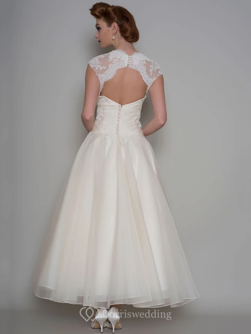 A-Line Queen-Anne Tea-Length Lace Organza Short Wedding Dress view 2