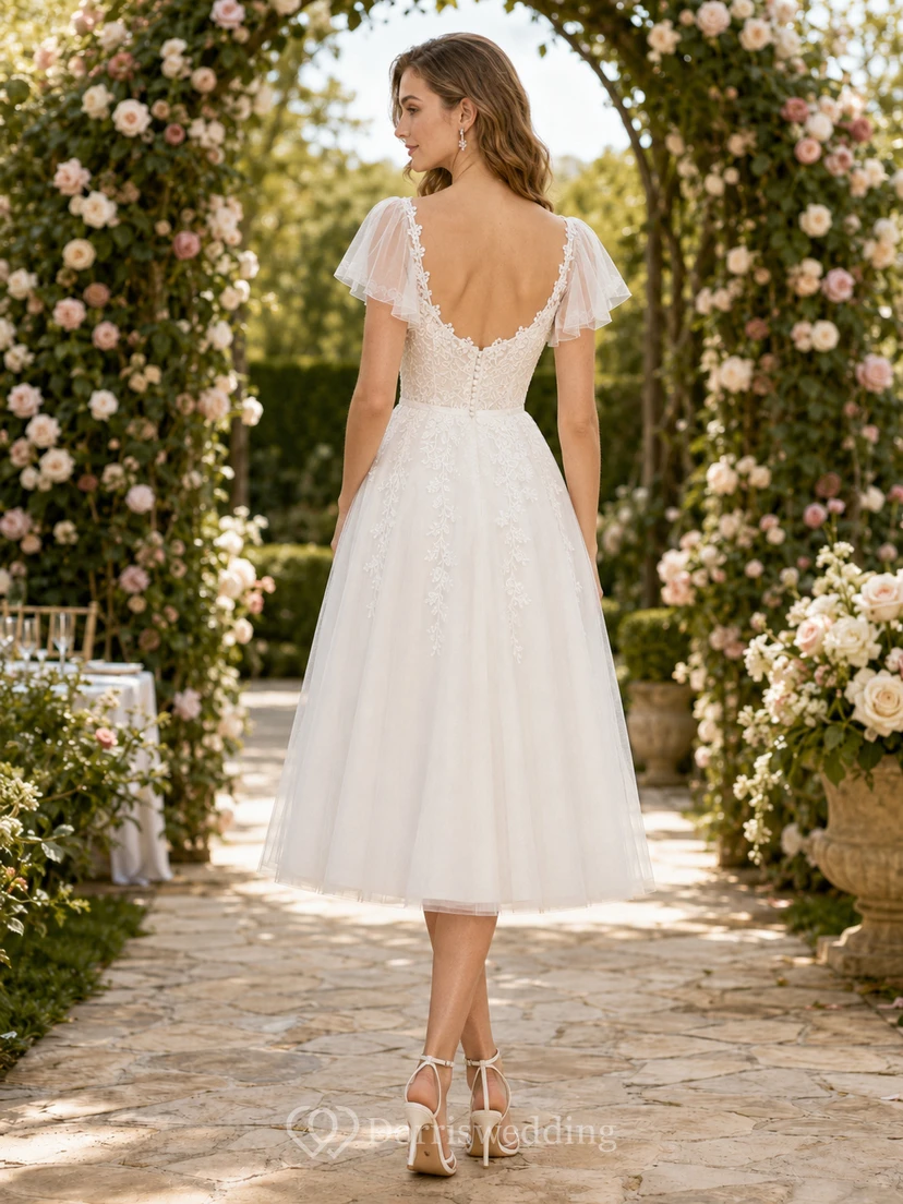 Tea-Length Lace Flutter Sleeve A-Line Garden Bridal Dress view 2