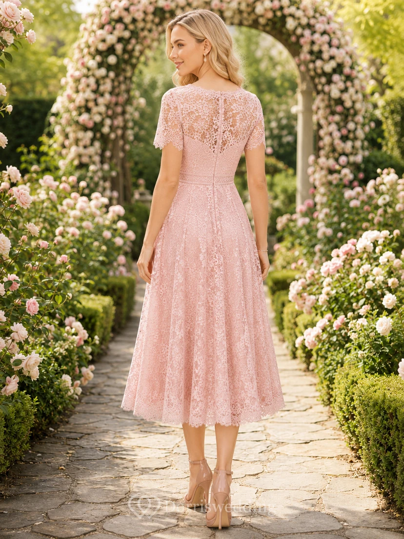Blush Lace Short Sleeve Garden Wedding Guest Dress view 2