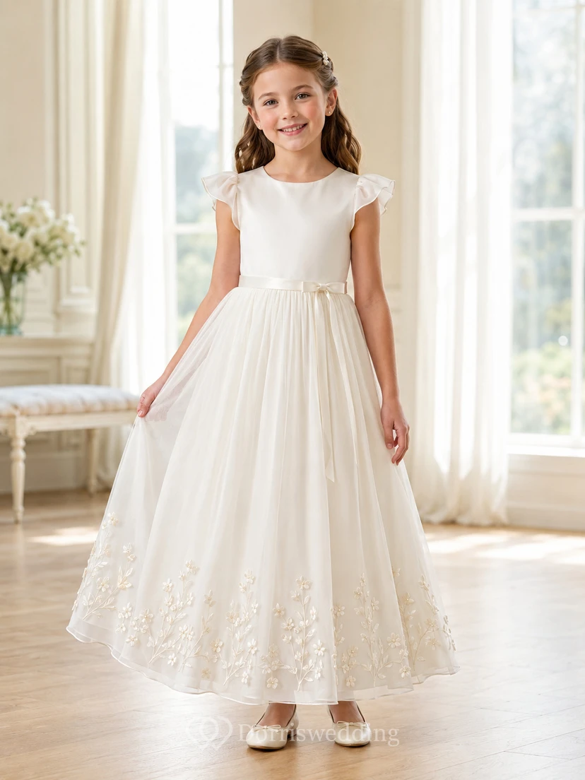 Robe de communion en satin brodé, col rond, manches papillon, longueur cheville, col rond, broderies, satin.