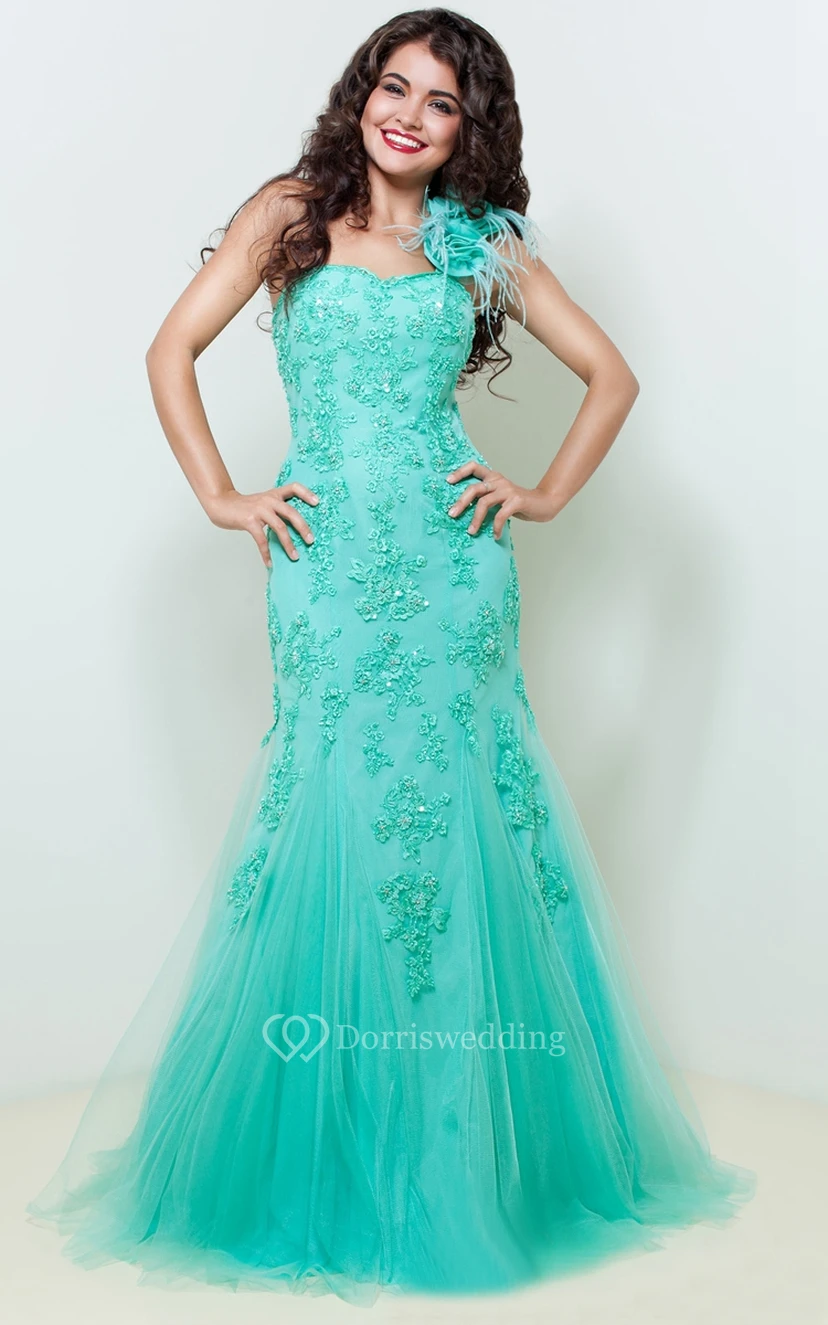 Mermaid Floor-Length One-Shoulder Sleeveless Tulle Beading Appliques Zipper Dress