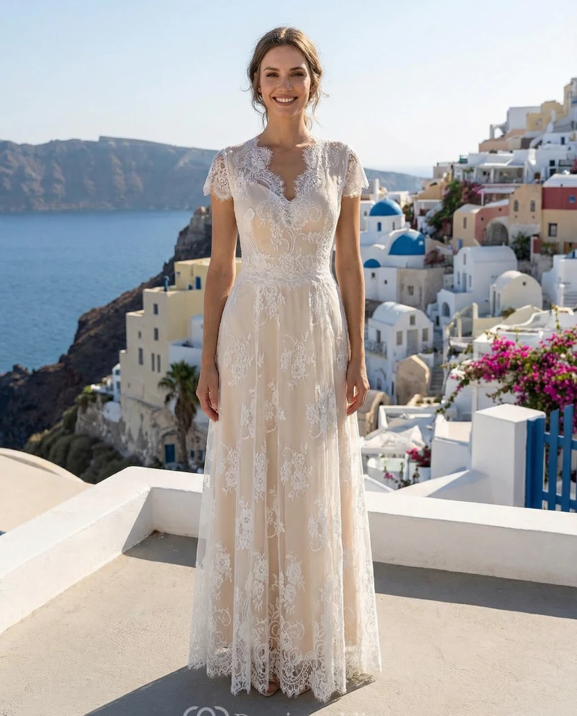 Vestido de novia de corte imperio con mangas cortas y espalda abotonada transparente. video preview