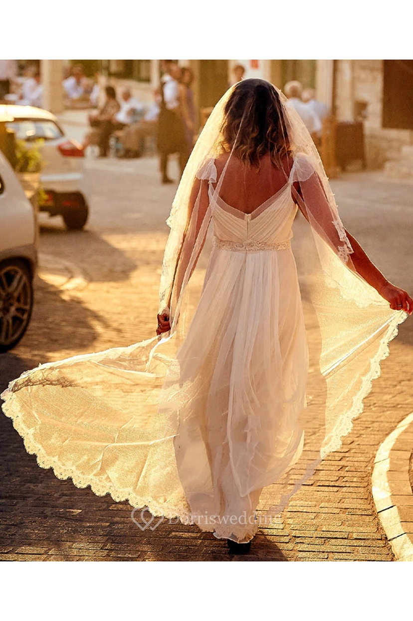 Sweep Tulle Wedding Veil with Scalloped Lace edge view 3