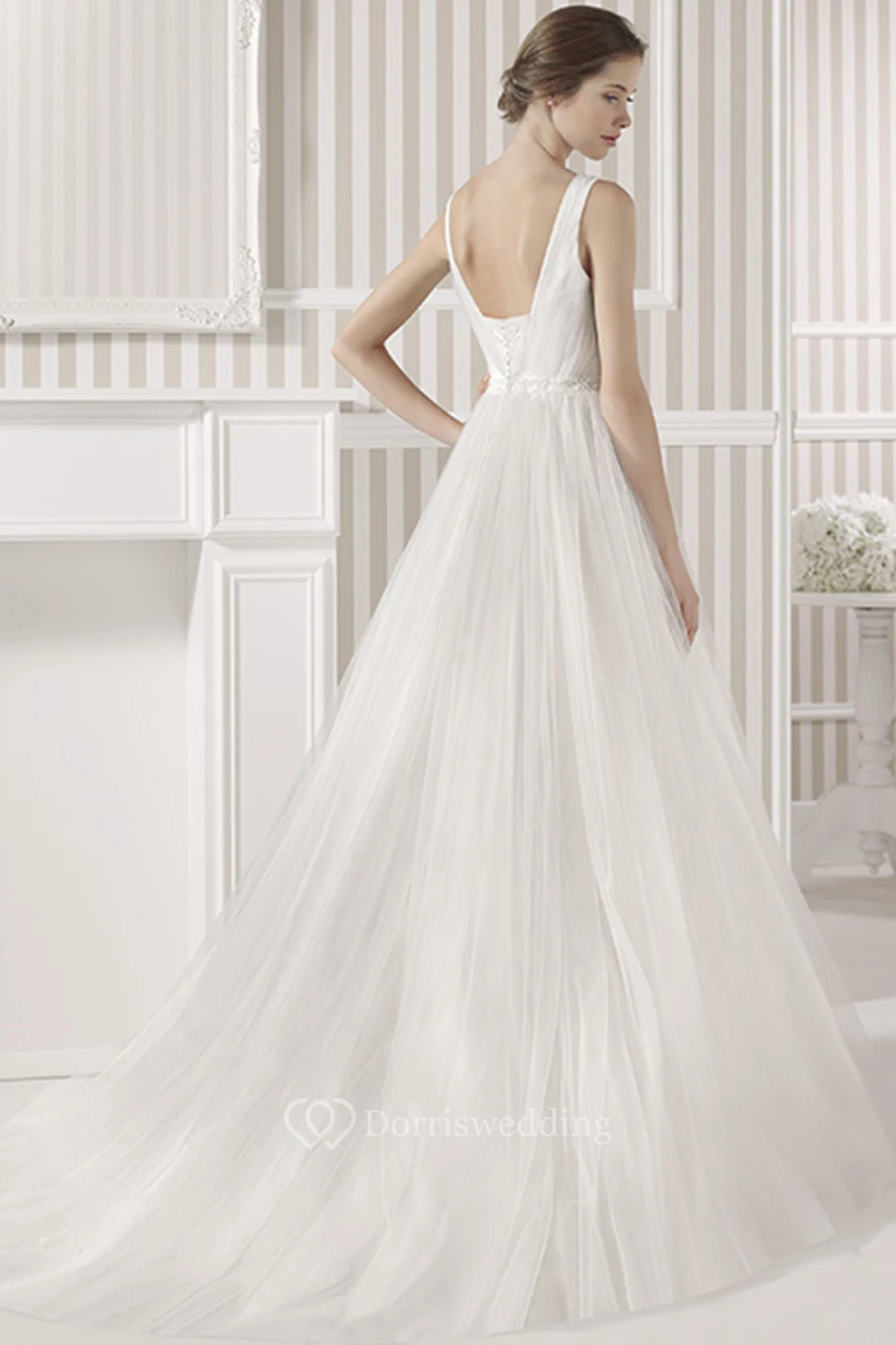 Ball-Gown Square Appliqued Sleeveless Empire Maxi Tulle Wedding Dress With Court Train And Low-V Back view 2