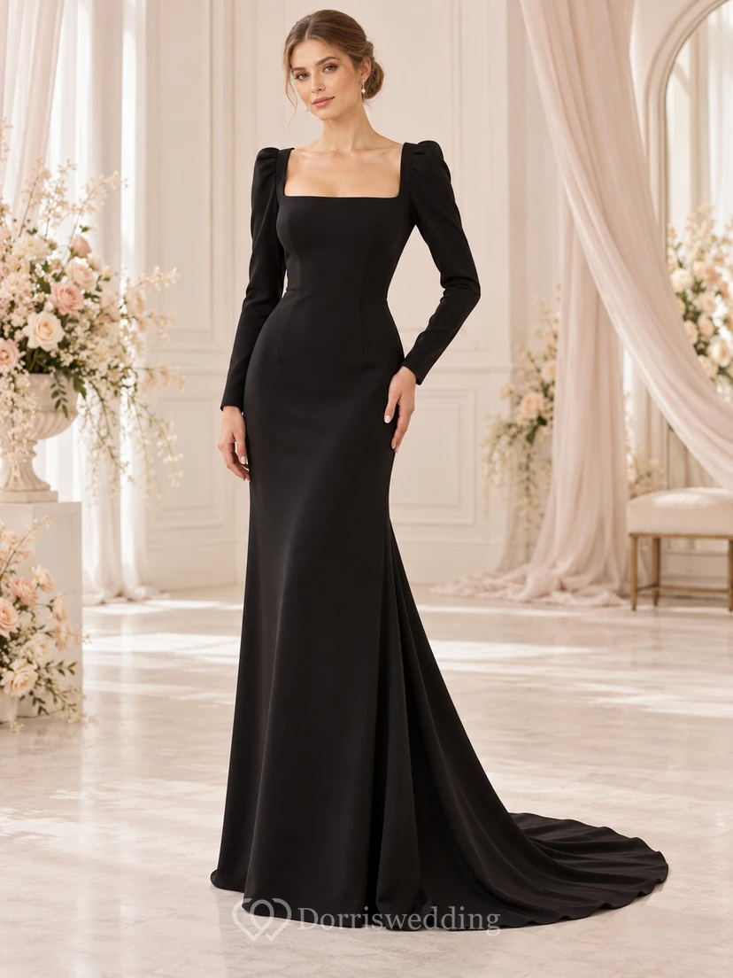 Black Simple Square Neck Long Sleeve Mermaid Bridal Wedding Dress