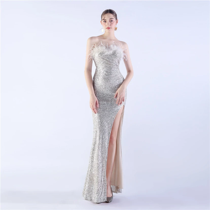 Ostrich Feather Plus Folding And Wrinkling Technology Host Dinner High-End Evening Dress view 19
