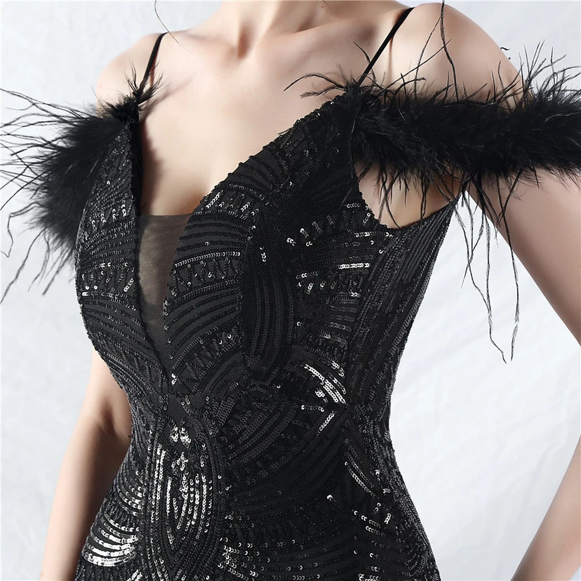 Vestido de noche con cuentas florales y plumas de avestruz elaboradas artesanalmente view 107
