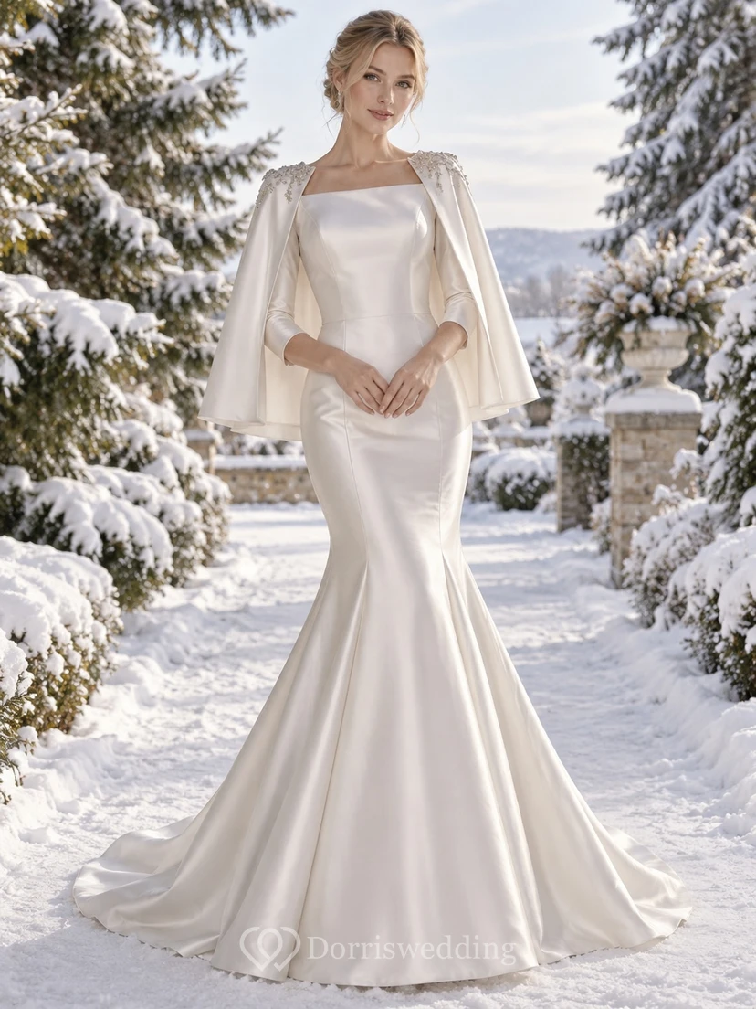 Simple Square Neck Satin Mermaid Short Wedding Cape Dress