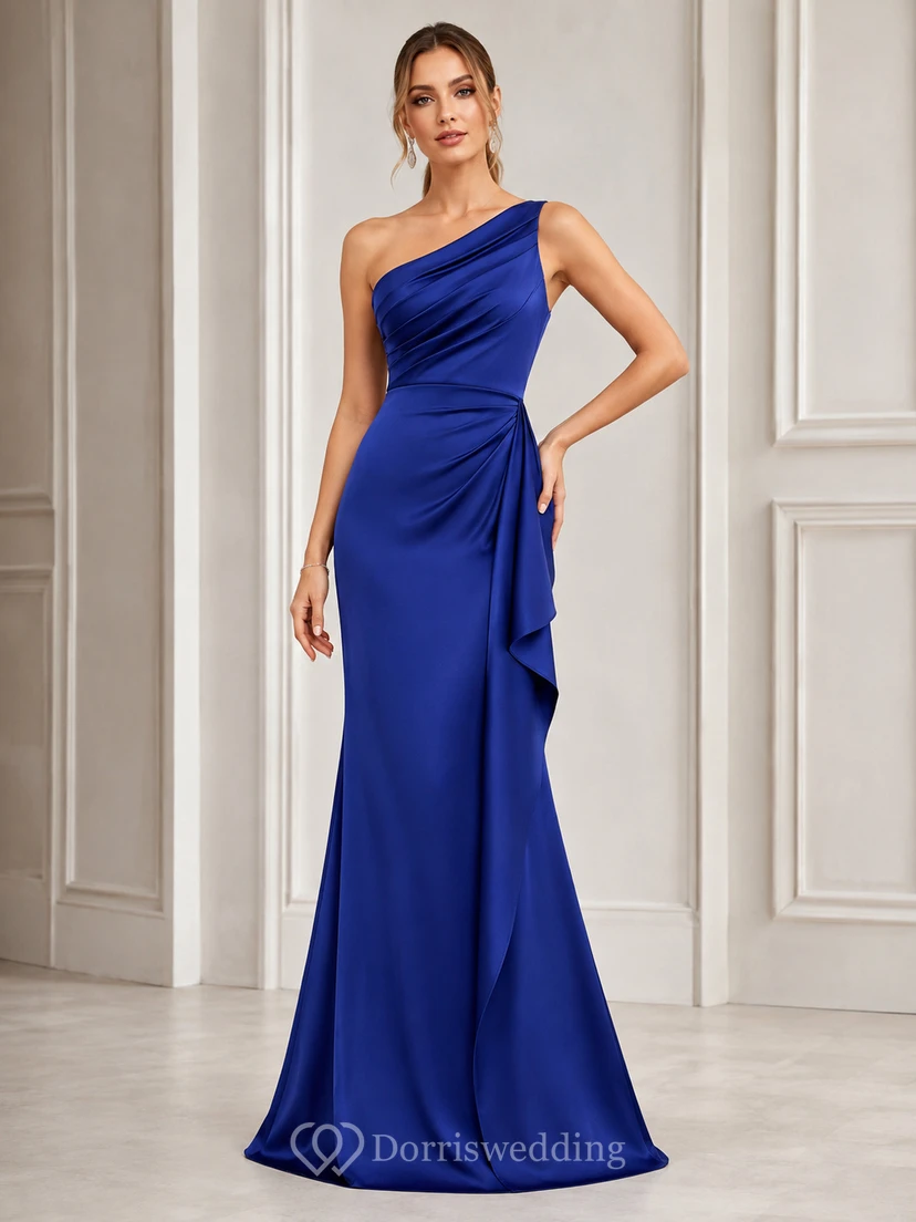 Vestido de noche largo hasta el suelo, de satén azul rey, con un solo hombro, fruncido y drapeado, corte sirena y cola de barrido.