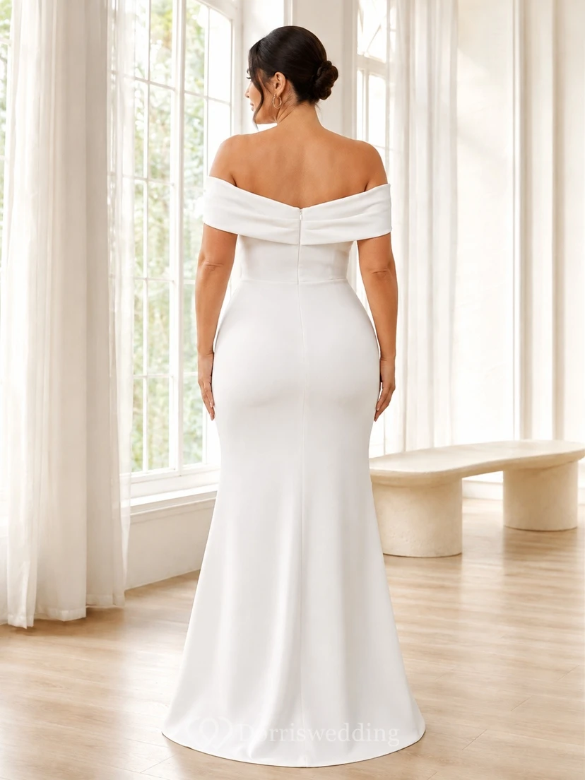 White Off-the-Shoulder Satin Mermaid Sweep Train Plus Size Gown view 2