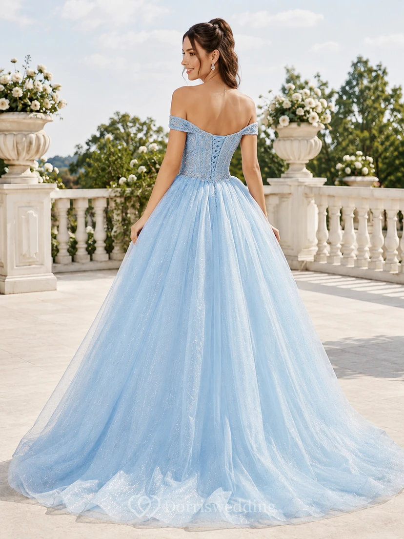 Himmelblaues schulterfreies Ballkleid mit herzförmigem Ausschnitt, Applikationen und Tüllrock, asymmetrischem Saum, Quinceañera-Kleid view 2