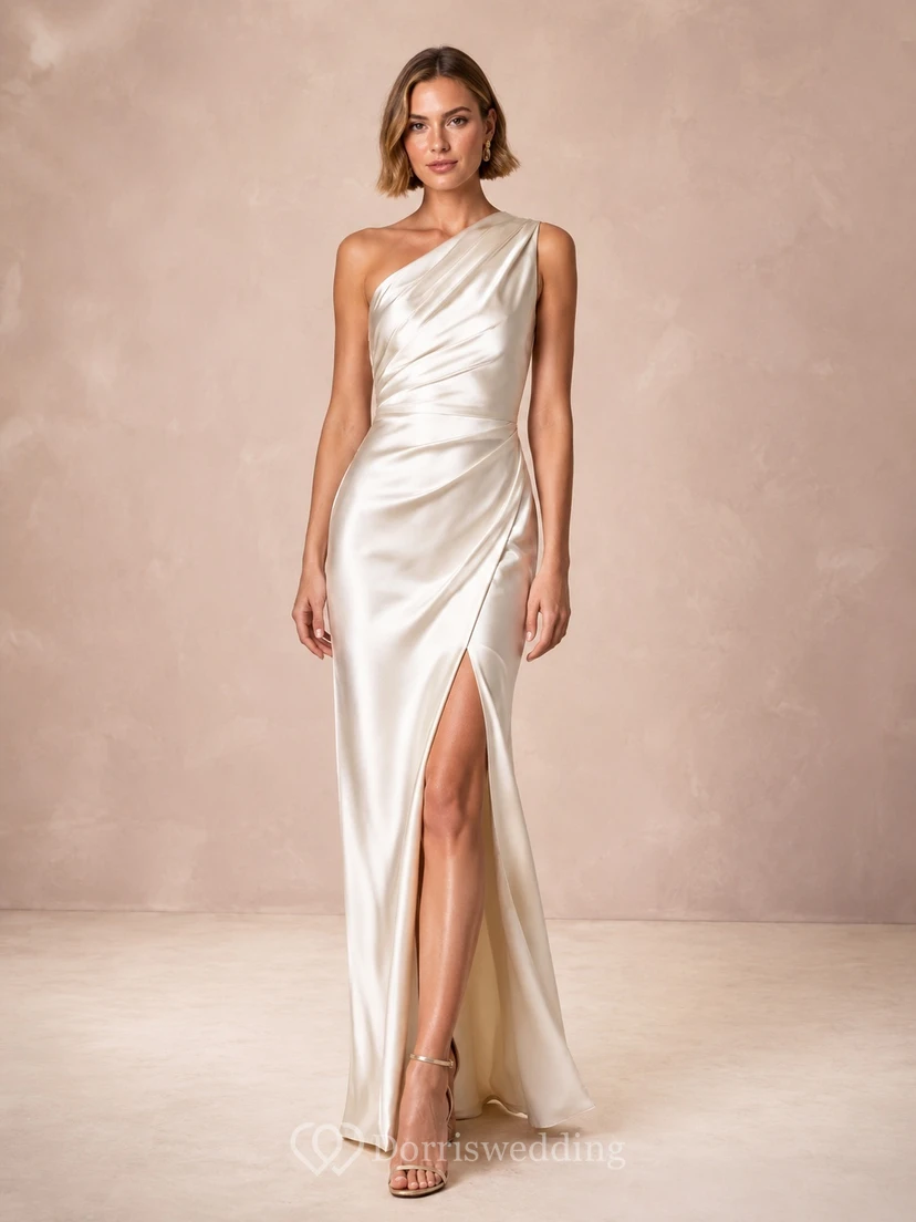 Modern One-Shoulder Satin Sheath Floor-Length Split Elopement Wedding Dress