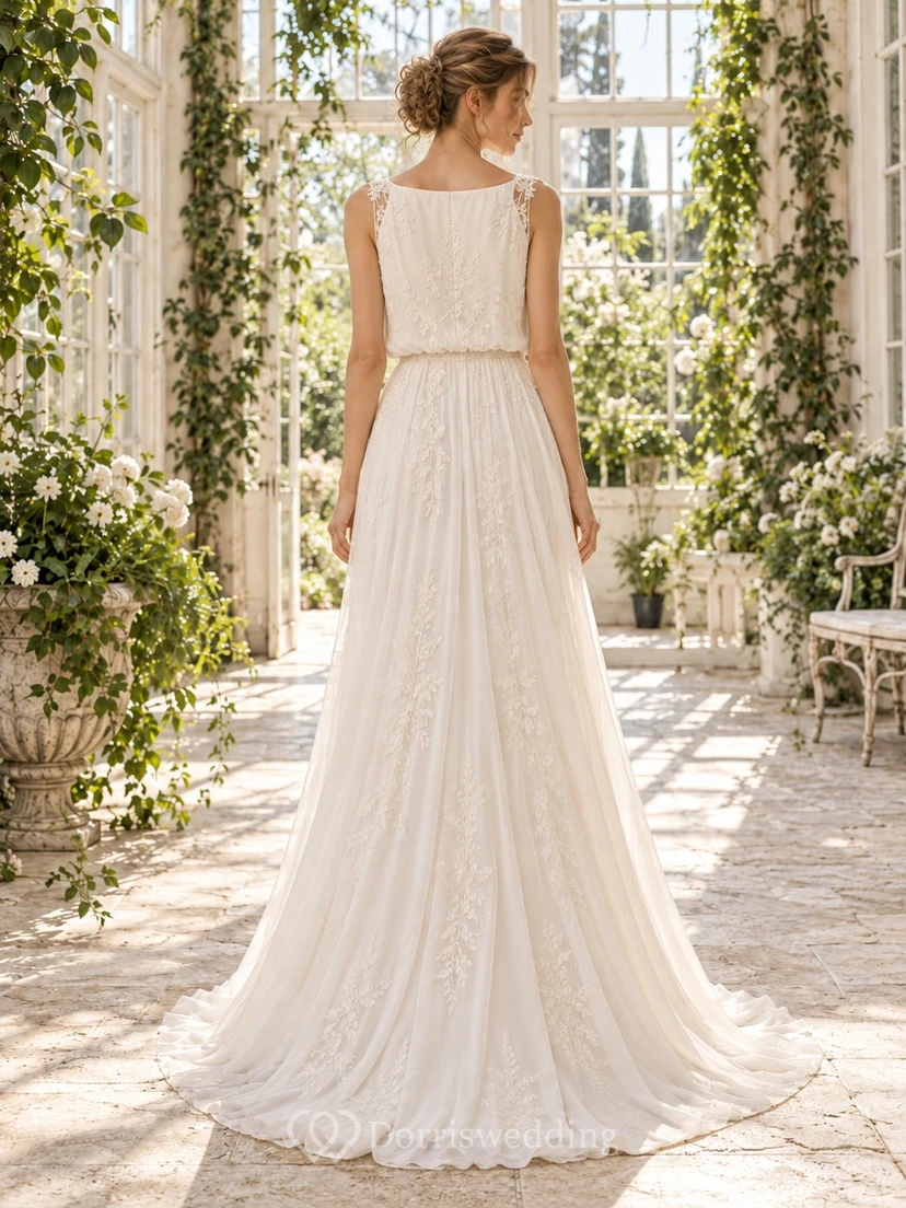 Boho Simple Bateau Sleeveless Blouson Chiffon A-Line Wedding Dress view 2