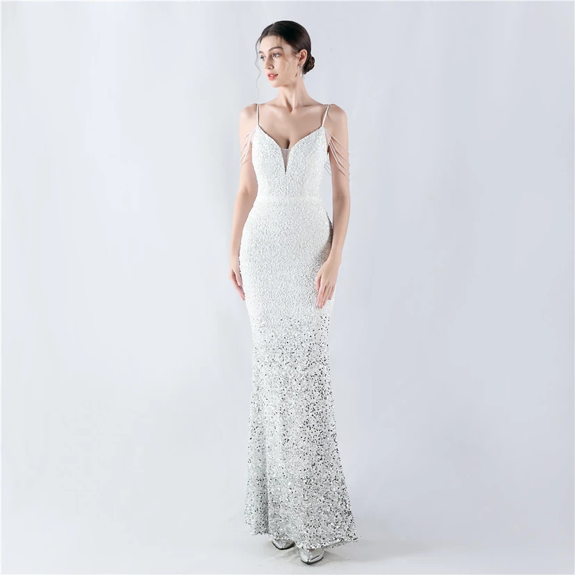 Velvet-Bottom Gradient Sequined Sexy Beaded Suspender Evening Dress view 2