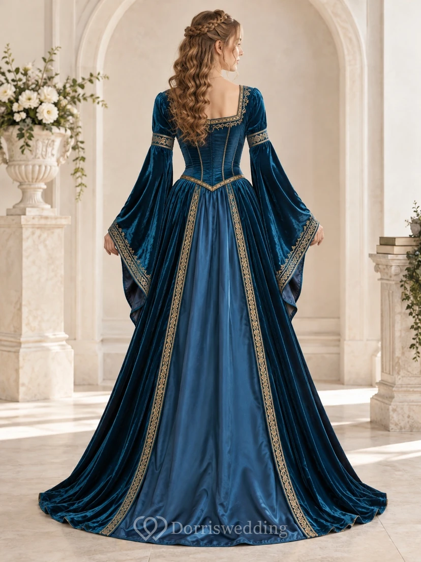 Vestido corsé renacentista de terciopelo pavo real con mangas largas acampanadas y escote cuadrado. view 2