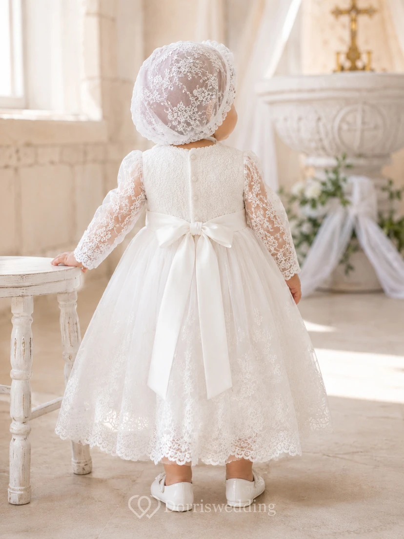Modest Baby Baptism Christening Ceremony Dress A-Line Tea-Length Jewel Neck Long Sleeve Tulle Lace Bow Back Button Back view 2