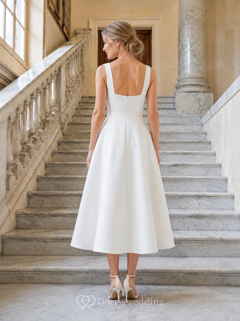 Civil Square Neck Sleeveless Satin A-Line Tea-Length Wedding Dress view 2