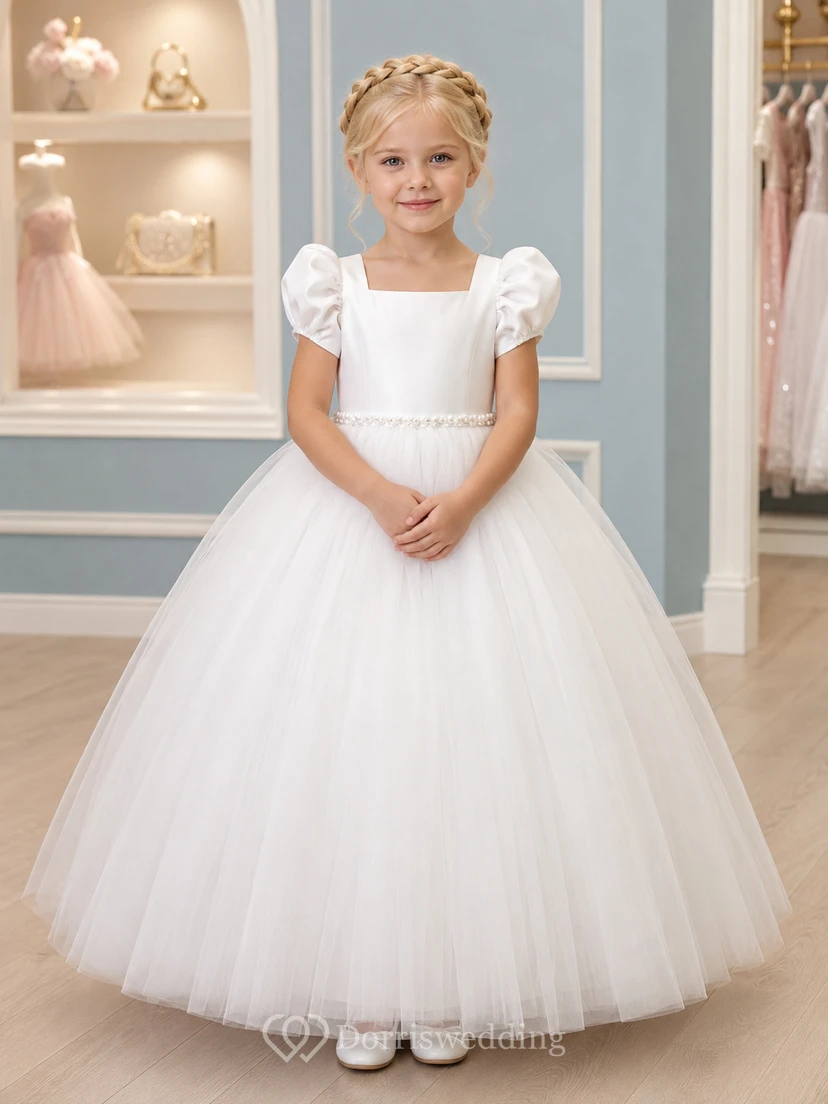 Elegant Tulle Floor-Length Ball Gown Square Neck Puff Sleeve Pearl Flower Girl Wedding Dress