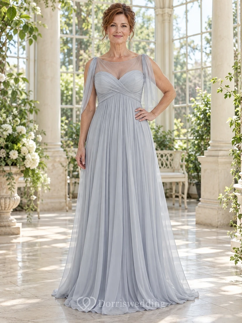 Vestido largo de gasa sin mangas con escote en V y corte en A, color azul niebla, estilo imperio, de Second Wedding.
