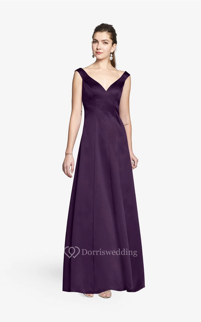 Simple V-neckline Floor-length Satin Dress With Cap Sleeves view 4